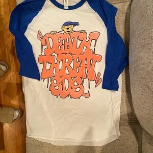 Mens White and Royal Blue Raglan Graphic Tee - Death Threat SDS graffiti print L